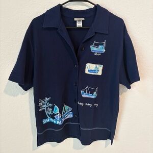 TEDDI Vintage Navy Blue Button-Up Shirt, Painted Coastal Detail, Size Large